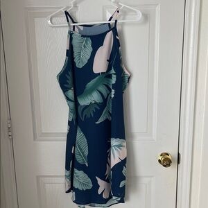 Tropical Leaf Print Dress in Navy and Green